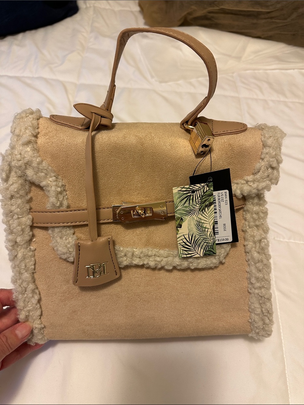 Badgley Mischka Beige Shearling-Trim Satchel